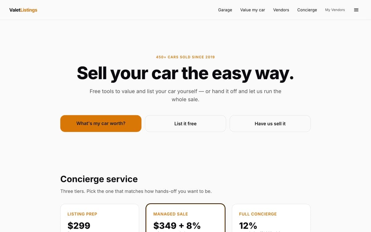 The Valet Listings homepage